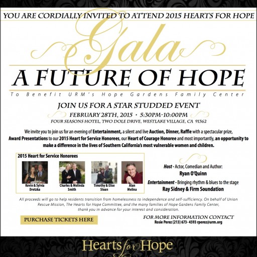 Union Rescue Mission Announces the Hearts for Hope Gala's Special Guest and Official Sponsors