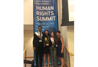 Youth for Human Rights (YHR) Toronto Volunteers, Abeir Liton, Langni Zeng and Kristina Kisin with YHR Toronto Director Nicole Crellin at the International Human Rights Youth Summit at the United Nations