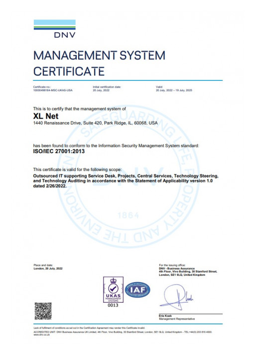 XL.net Becomes the First ISO 27001, Security Management System, Certified IT Firm Serving Small and Medium Businesses in Greater Chicago