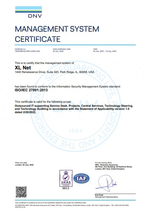 XL.net Becomes the First ISO 27001, Security Management System, Certified IT Firm Serving Small and Medium Businesses in Greater Chicago