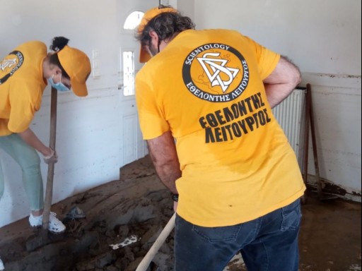 On the Isle of Evia, Scientology Volunteer Ministers Help Flood Victims Clean Up Their Homes
