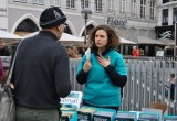 Say No to Drugs volunteer answers questions of those visiting The Truth About Drugs information booth.