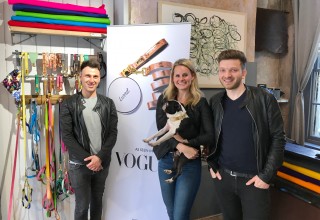 Zoli Banfi, Theresa Piasta carrying Luca, and Ryan London in Lurril's flagship store in London in May 2017