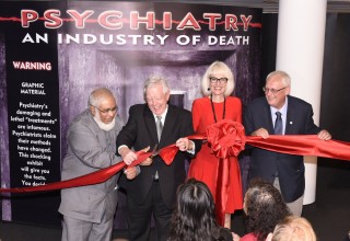 Cutting the ribbon to open Psychiatry: An Industry of Death Exhibit (left to right) Imam Abdul Hai Patel; CCHR Canada President Bob Dobson-Smith; Pat Felske Director of Public Affairs Church of Scientology of Toronto; Rev. Earl Smith, Interfaith Director Church of Scientology of Toronto.