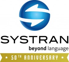 Logo de la célébration du 50ème anniversaire de SYSTRAN. Les termes « 50e anniversaire » ont un fond jaune.