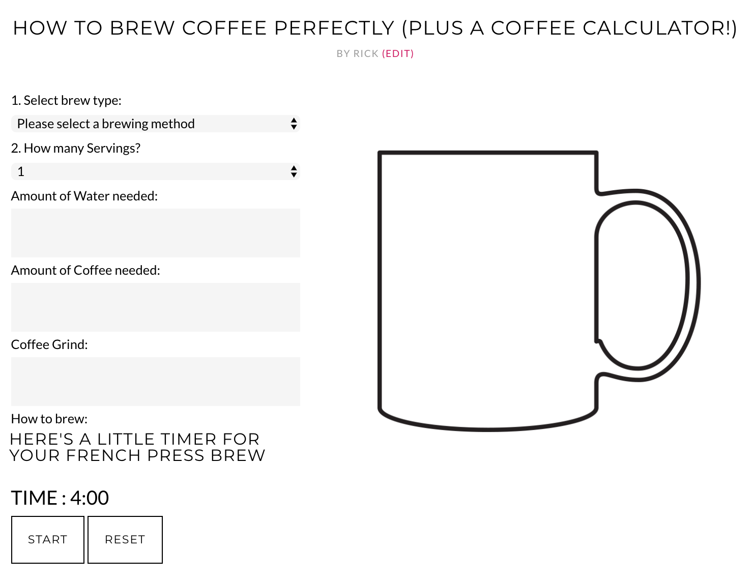 French Press coffee to water ratio calculator