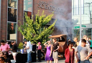 Neighbors gather at the Church of Scientology Seattle for a block party and barbecue on National Night Out