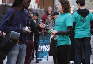 Drug-Free World volunteers roll through  San Francisco's Embarcadero with the  truth about drugs.