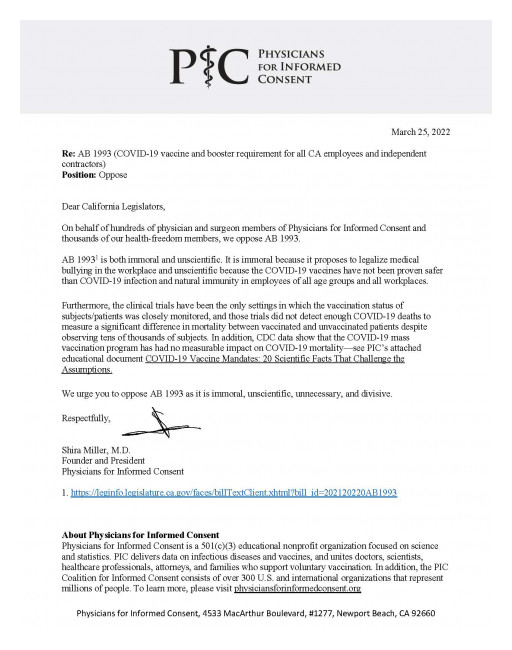 Physicians for Informed Consent Opposes COVID-19 Vaccine Mandate for Private and Public Employees and Independent Contractors in California