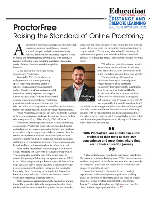 ProctorFree Named a Top-10 Distance and Remote Learning Solutions Company