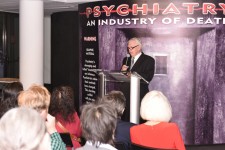 CCHR Canada President Robert Dobson-Smith welcomes visitors to Psychiatry: An Industry of Death Exhibit September 8, 2017, at Toronto's St. Lawrence Centre for the Arts.