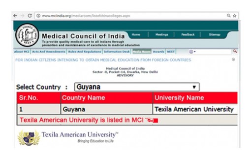Texila American University is Listed in Medical Council of India (MCI)